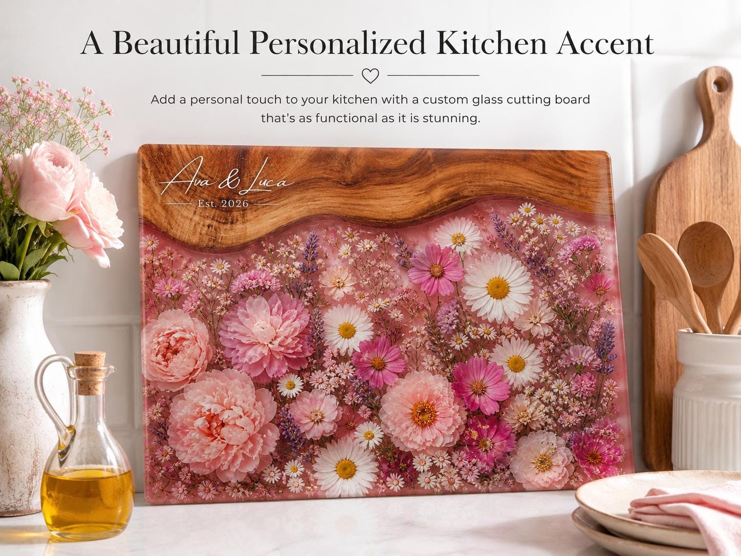 Personalized Floral Cutting Board, Pink Wildflower Glass Board, Custom Kitchen Gift