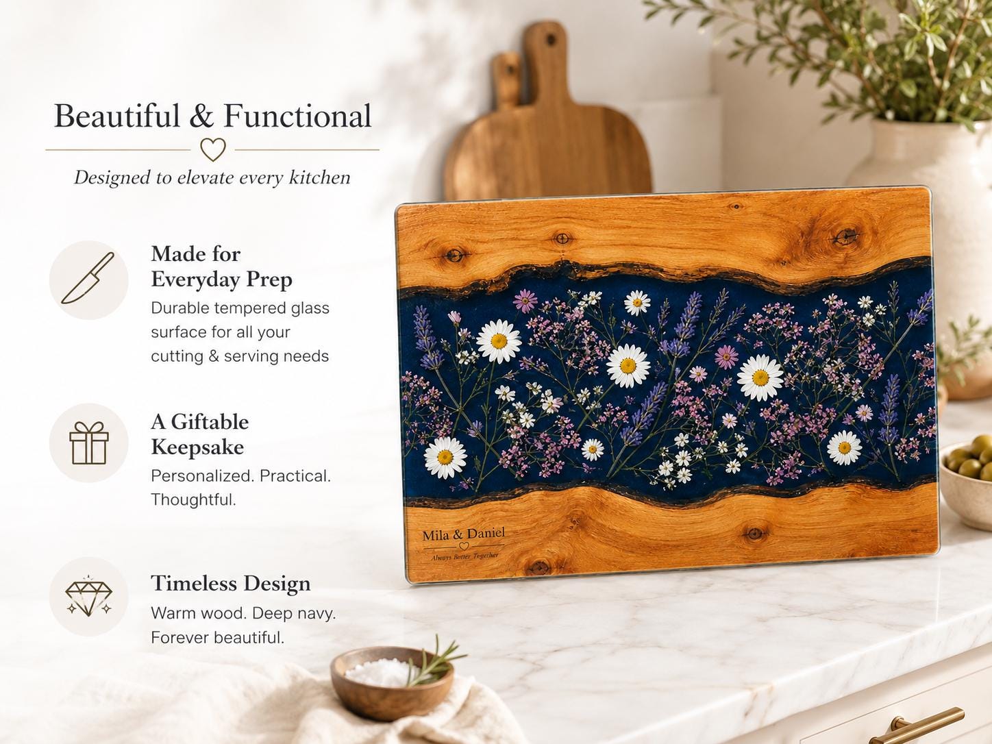 Personalized Glass Cutting Board, Blue Resin & Wood Design (8x11 or 11x15)