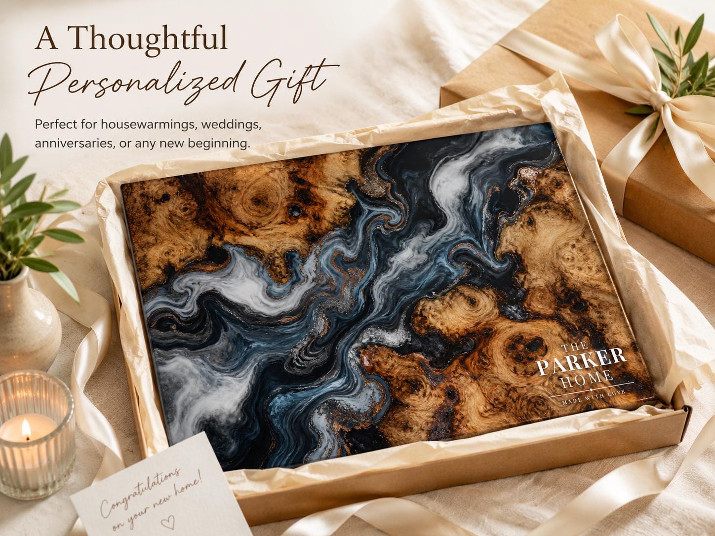 Personalized Glass Cutting Board: Blue Resin Look with Gold Accents