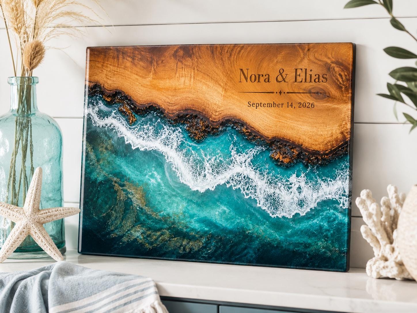 Personalized Beach Cutting Board, Ocean Wave Glass Board, Custom Couple Kitchen Gift