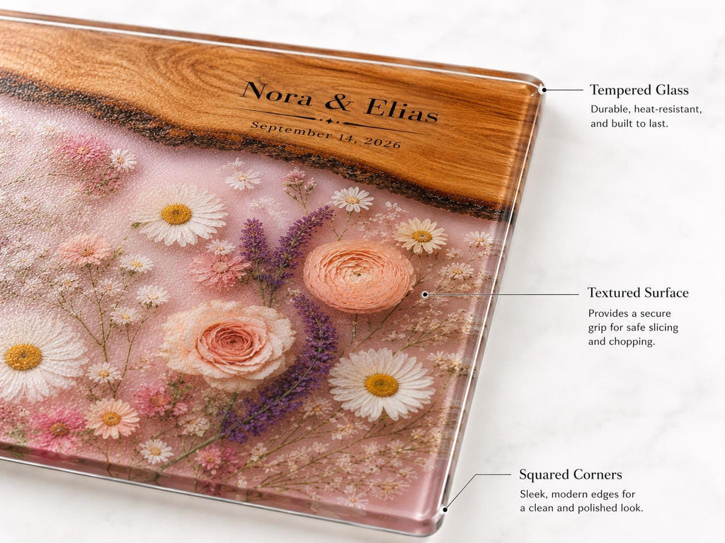 Glass Cutting Board - Purple Geode Design with Custom Couple Names