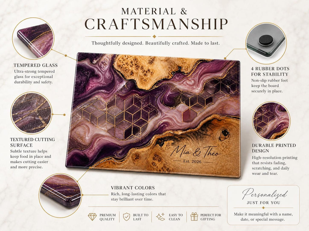 Personalized Glass Cutting Board, Purple Geode Kitchen Decor, Custom Couple Name Board, Wedding or Anniversary Gift