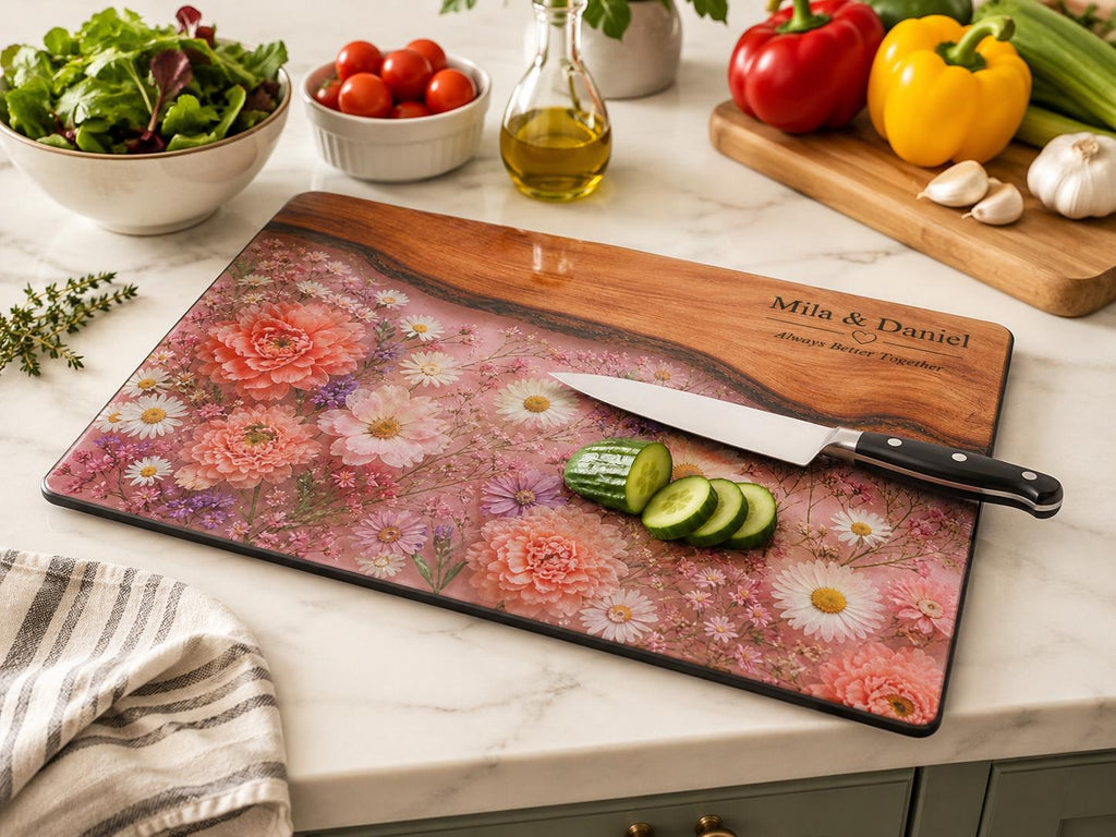 Personalized Glass Cutting Board, Pink Floral Tempered Glass Board, Custom Couple Wedding Gift