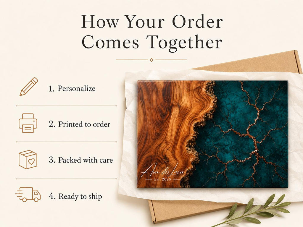 Personalized Charcuterie Board, Dark Teal Marble Glass Cutting Board, Custom Couple Gift