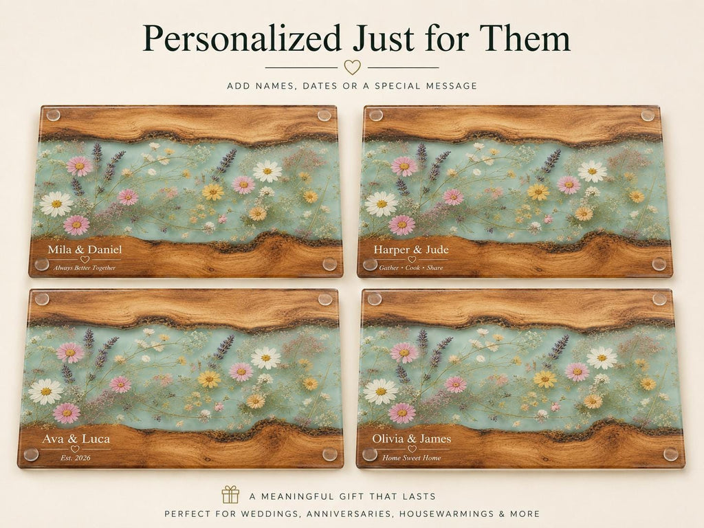 Glass Charcuterie Board: Personalized Blue Resin Design (Two Sizes)
