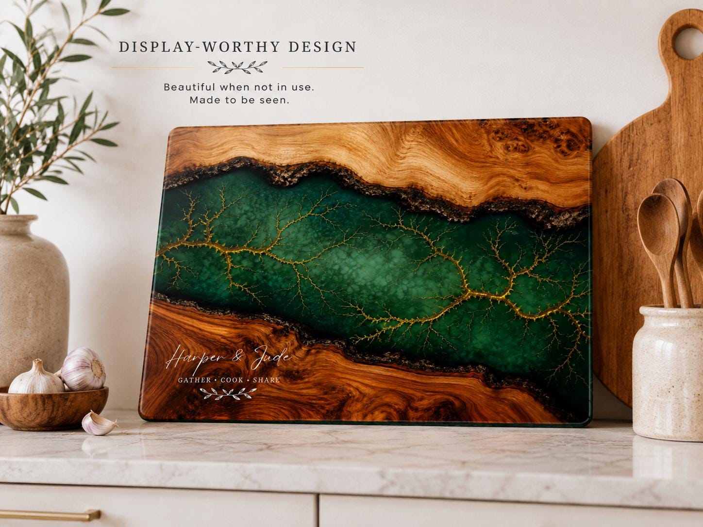 Custom Cutting Board: Blue Resin Style with Gold Accents - Personalized Gift
