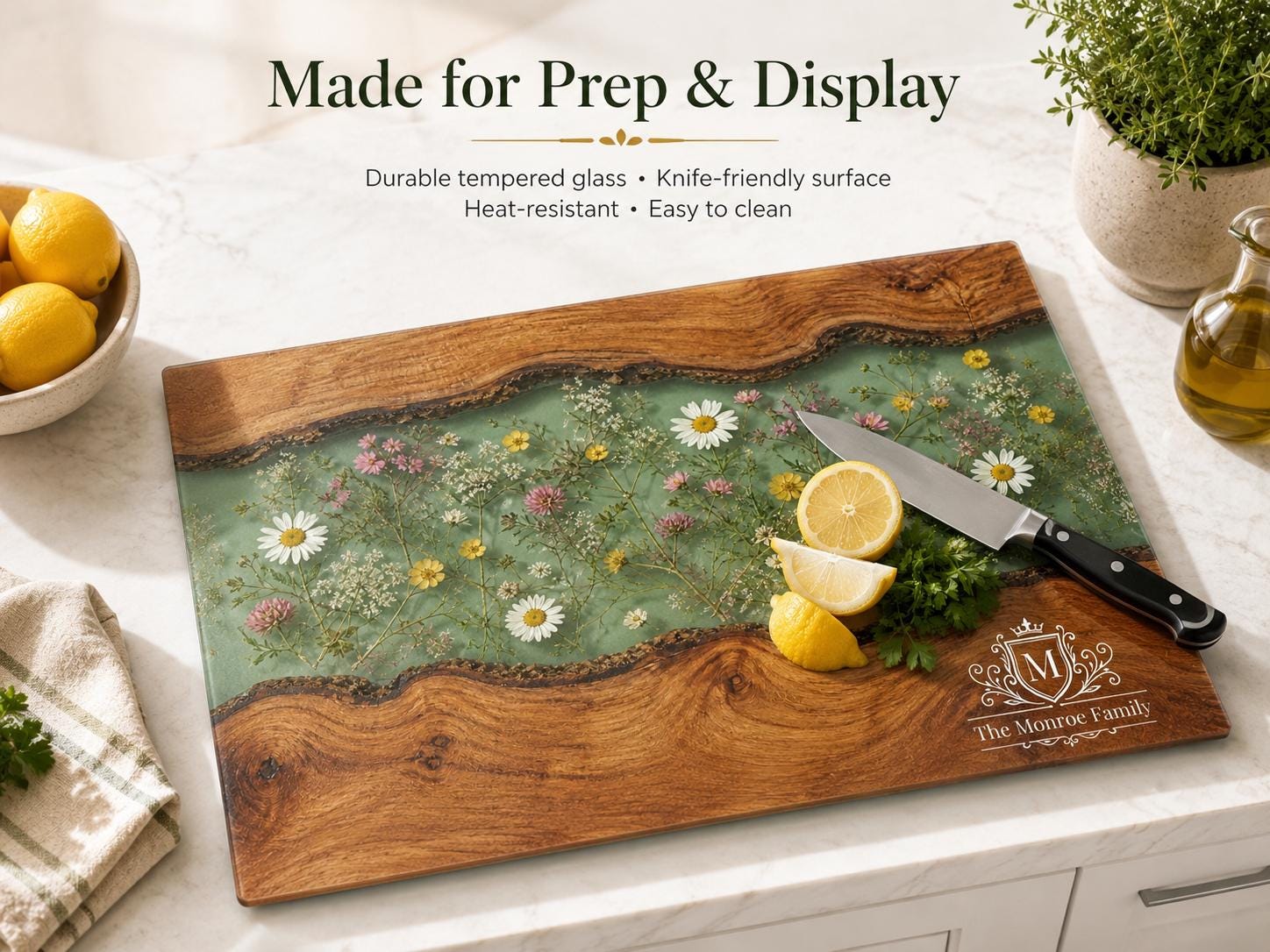 Personalized Cutting Board, Green Floral Chopping Board, Family Kitchen Gift