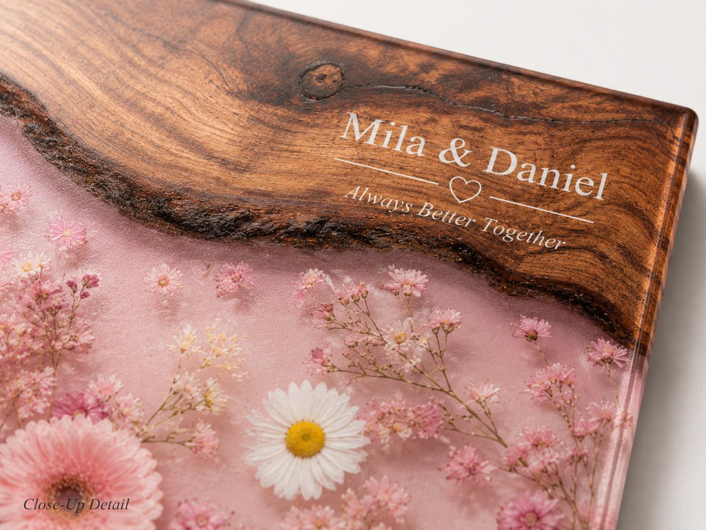Personalized Pink Daisy Serving Board, Floral Glass Charcuterie Board, Custom Couple Wedding Gift