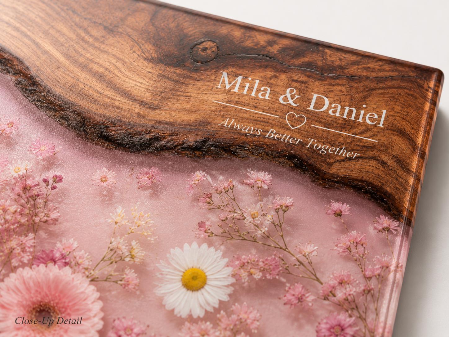 Personalized Pink Daisy Serving Board, Floral Glass Charcuterie Board, Custom Couple Wedding Gift