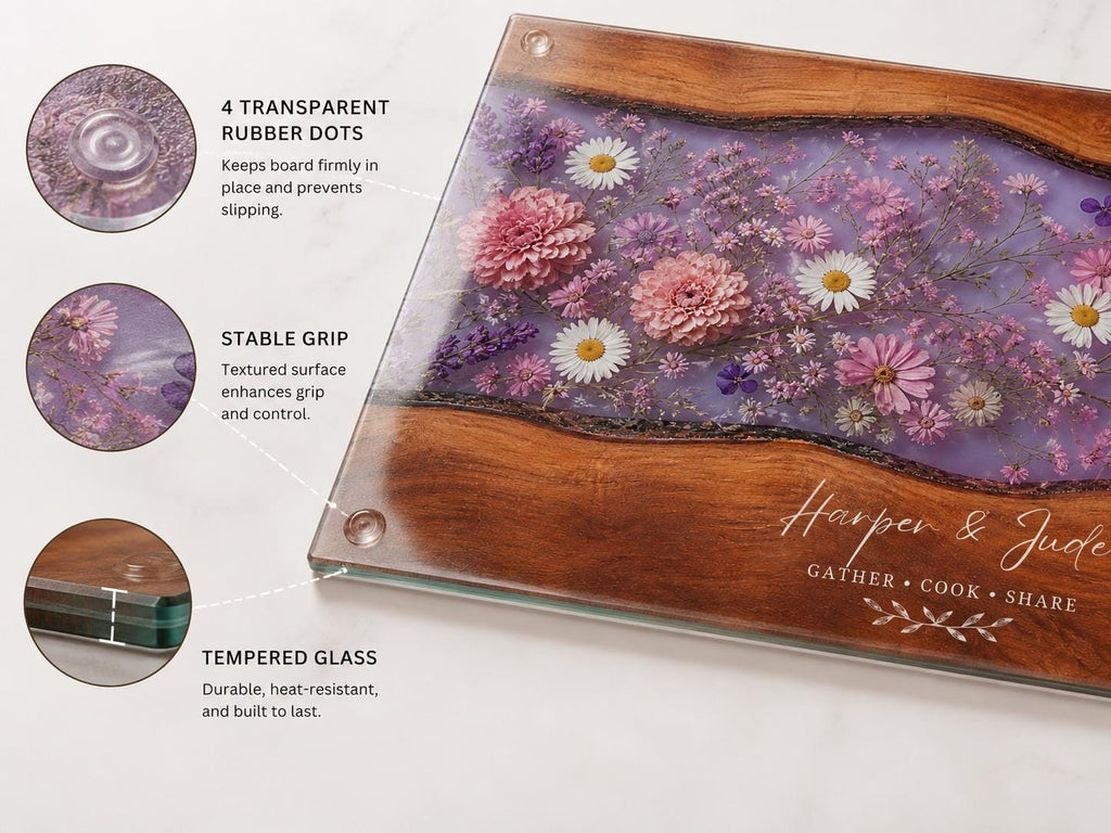 Personalized Floral Cutting Board, Purple Wildflower Glass Board, Custom Kitchen Gift for Housewarming