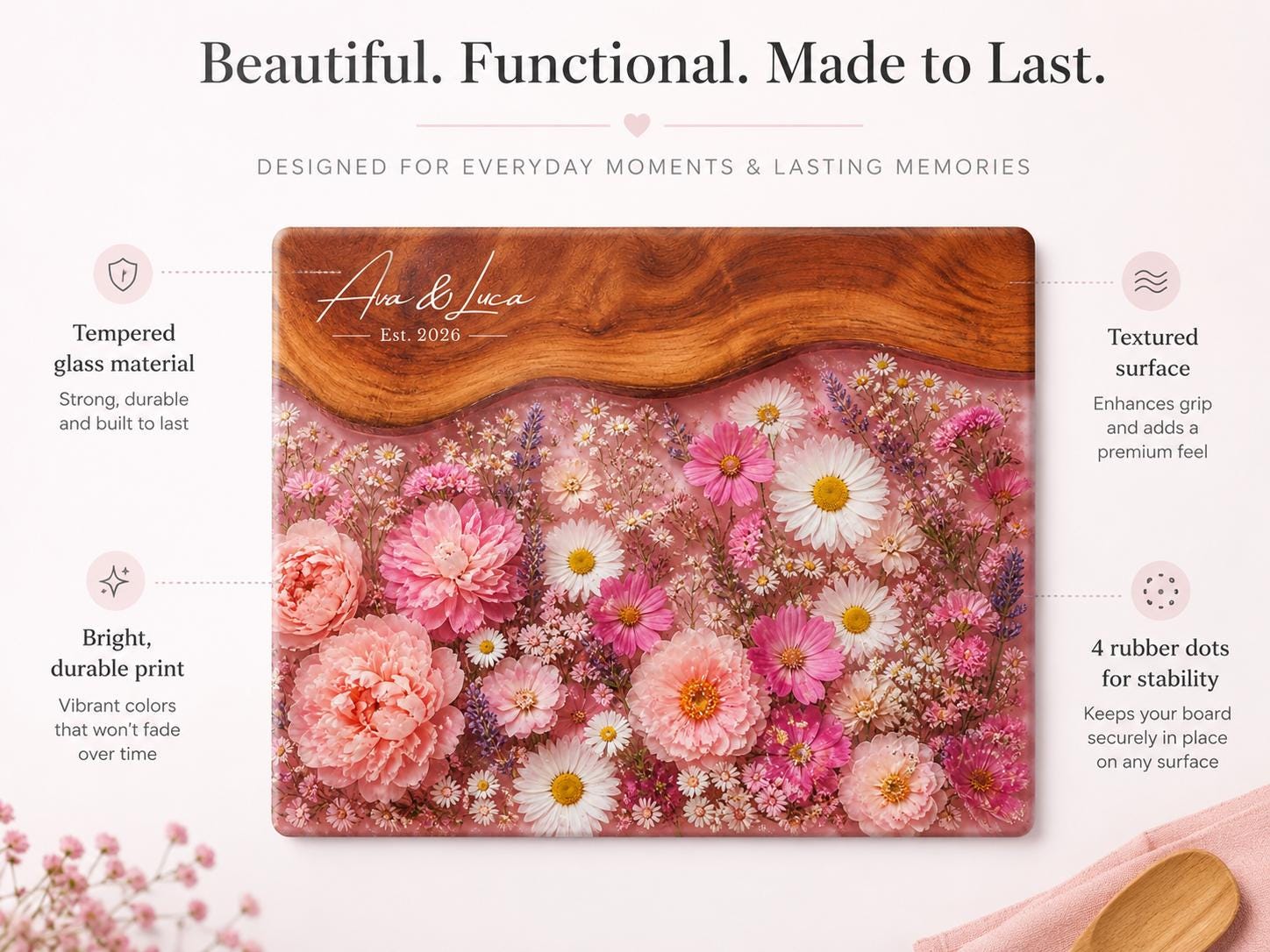 Personalized Floral Cutting Board, Pink Wildflower Glass Board, Custom Kitchen Gift