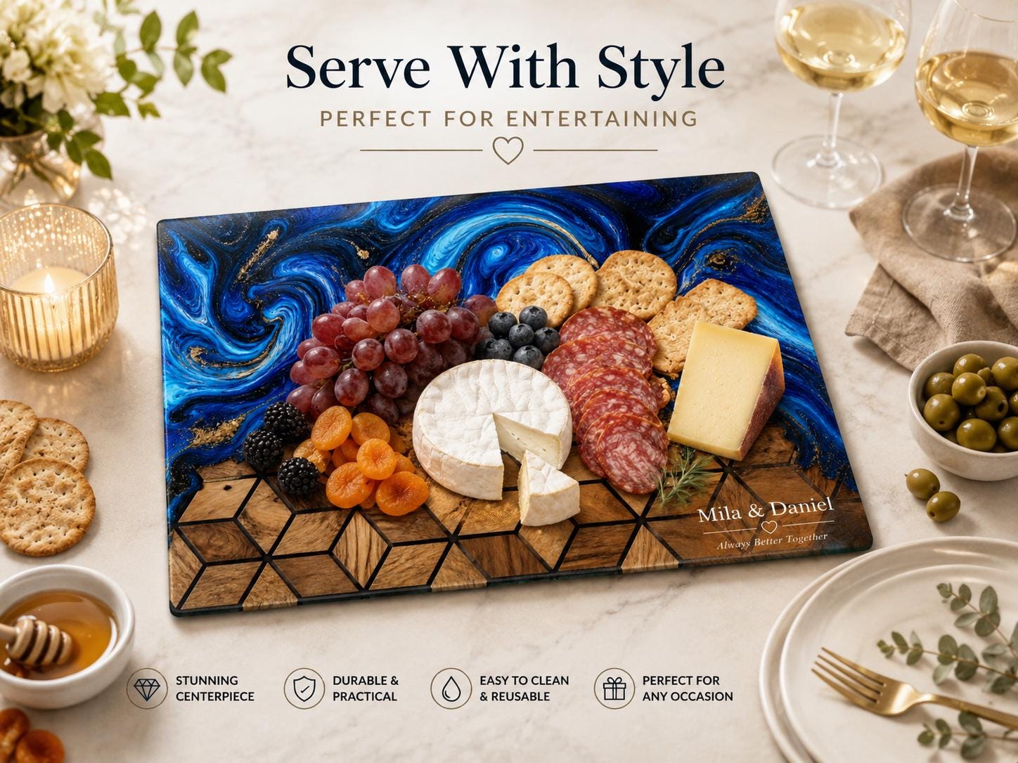 Custom Glass Cutting Board: Blue Resin Style - Names and Dates Included