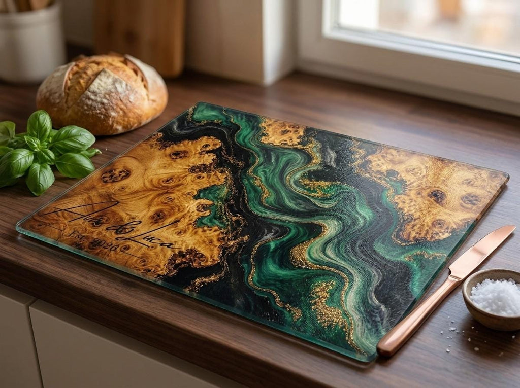Personalized Green Geode Glass Cutting Board, Custom Couple Name Serving Tray