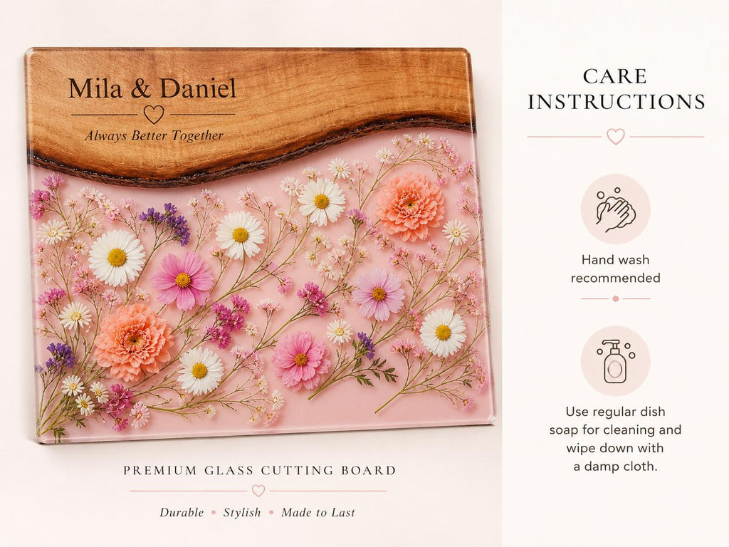 Personalized Floral Charcuterie Board, Pink Glass Serving Board, Custom Couple Cheese Board Gift