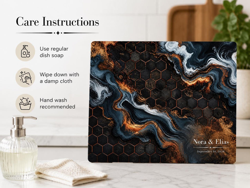 Custom Glass Cutting Board - Blue Resin Style with Gold Detail