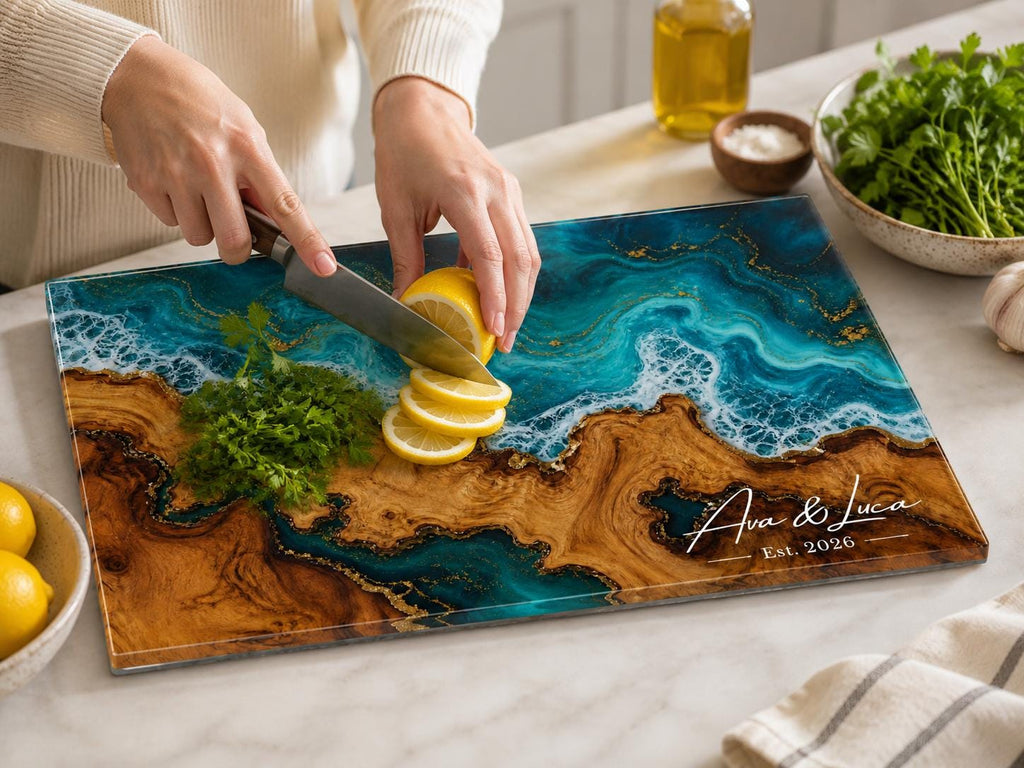 Personalized Cutting Board, Ocean Wave Charcuterie Board, Coastal Kitchen Gift