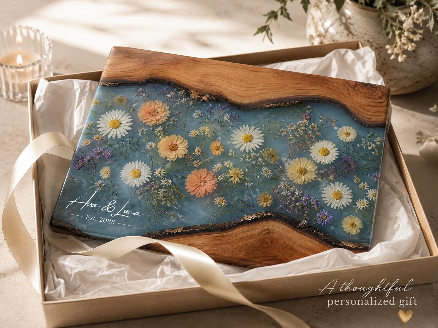 Personalized Floral Cutting Board, Botanical Charcuterie Board, Spring Kitchen Gift, Custom Couples Names Cutting Board
