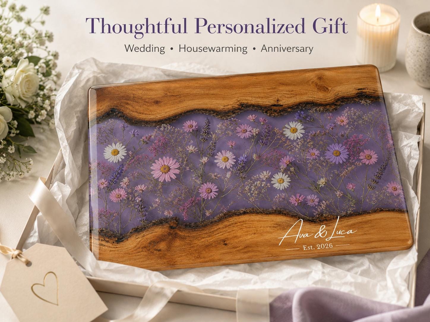 Glass Charcuterie Board - Custom Names, Blue and Wood Grain Design