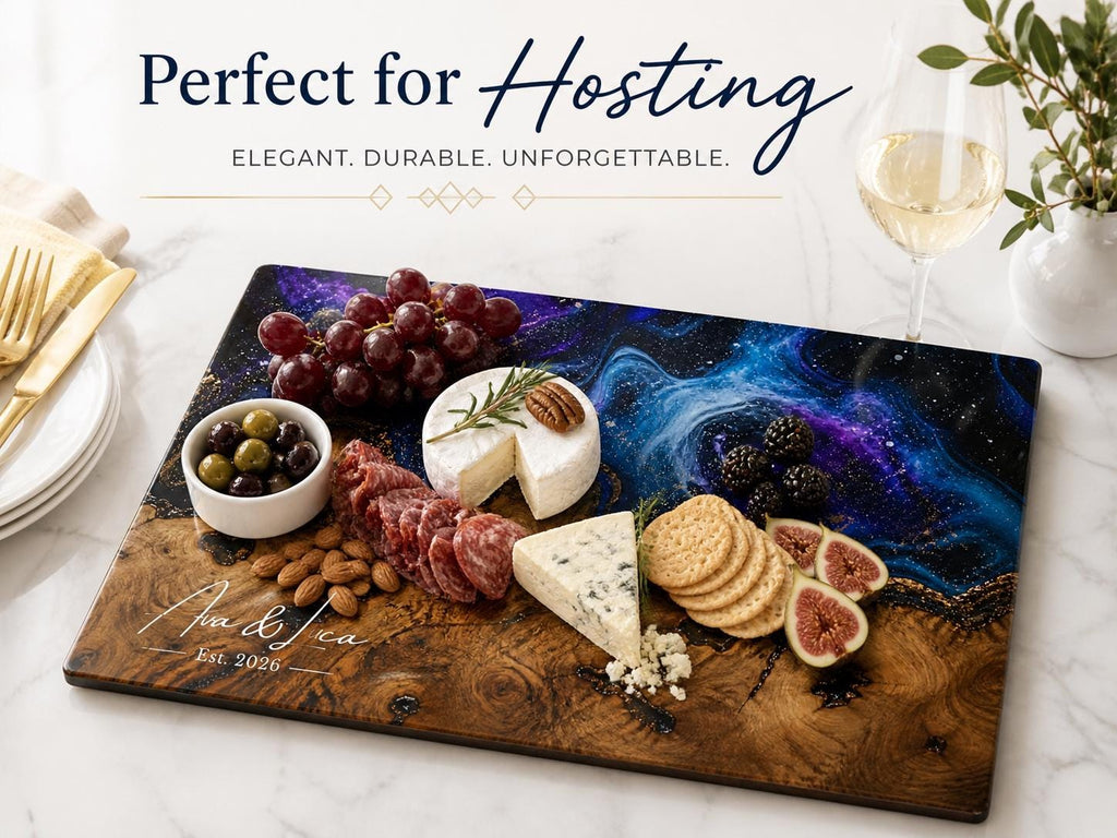 Custom Glass Cutting Board: Purple Geode Style - Personalized Names