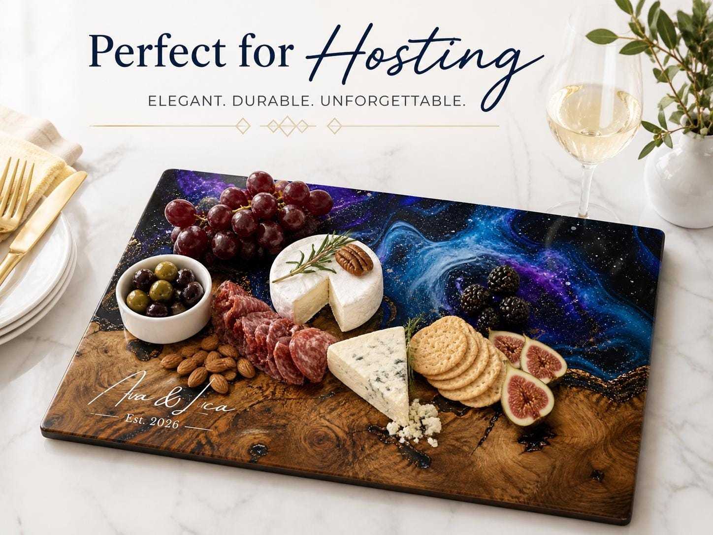 Custom Glass Cutting Board: Purple Geode Style - Personalized Names