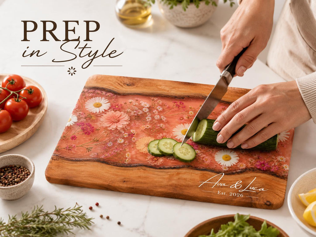 Personalized Floral Kitchen Decor Board, Coral Wildflower Serving Board, Custom Couple Housewarming Gift