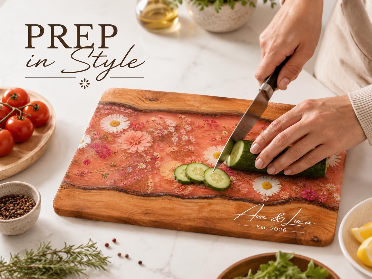 Personalized Floral Kitchen Decor Board, Coral Wildflower Serving Board, Custom Couple Housewarming Gift