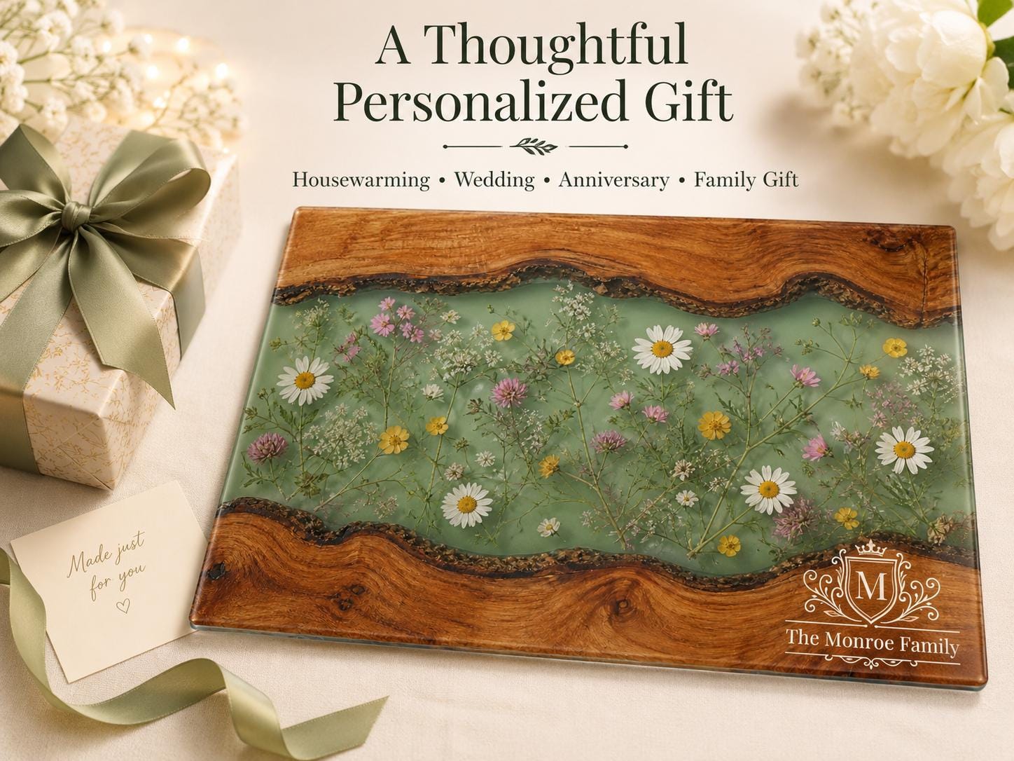 Personalized Cutting Board, Green Floral Chopping Board, Family Kitchen Gift