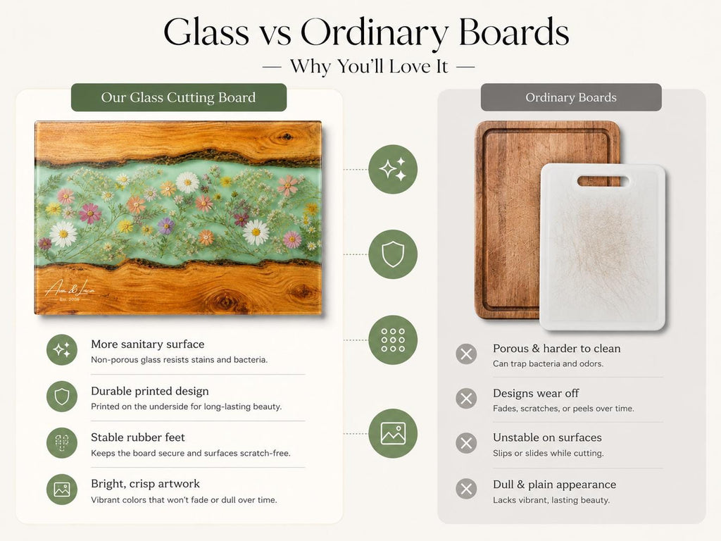 Custom Chopping Board with Names, Mint Floral Glass Cutting Board, Personalized Kitchen Gift