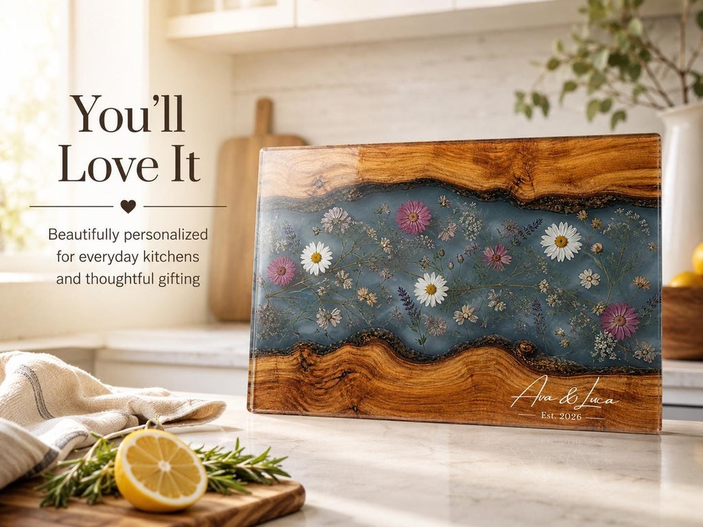 Personalized Cutting Board, Blue Floral Cheese Board, Custom Kitchen Gift