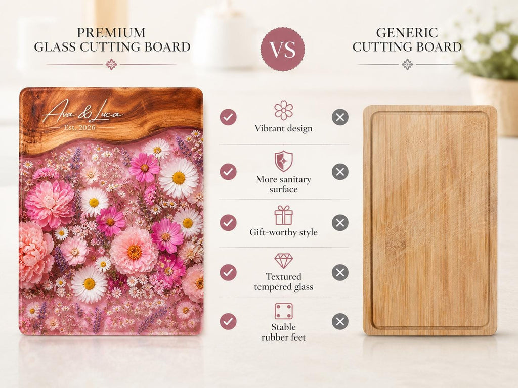 Personalized Floral Cutting Board, Pink Wildflower Glass Board, Custom Kitchen Gift
