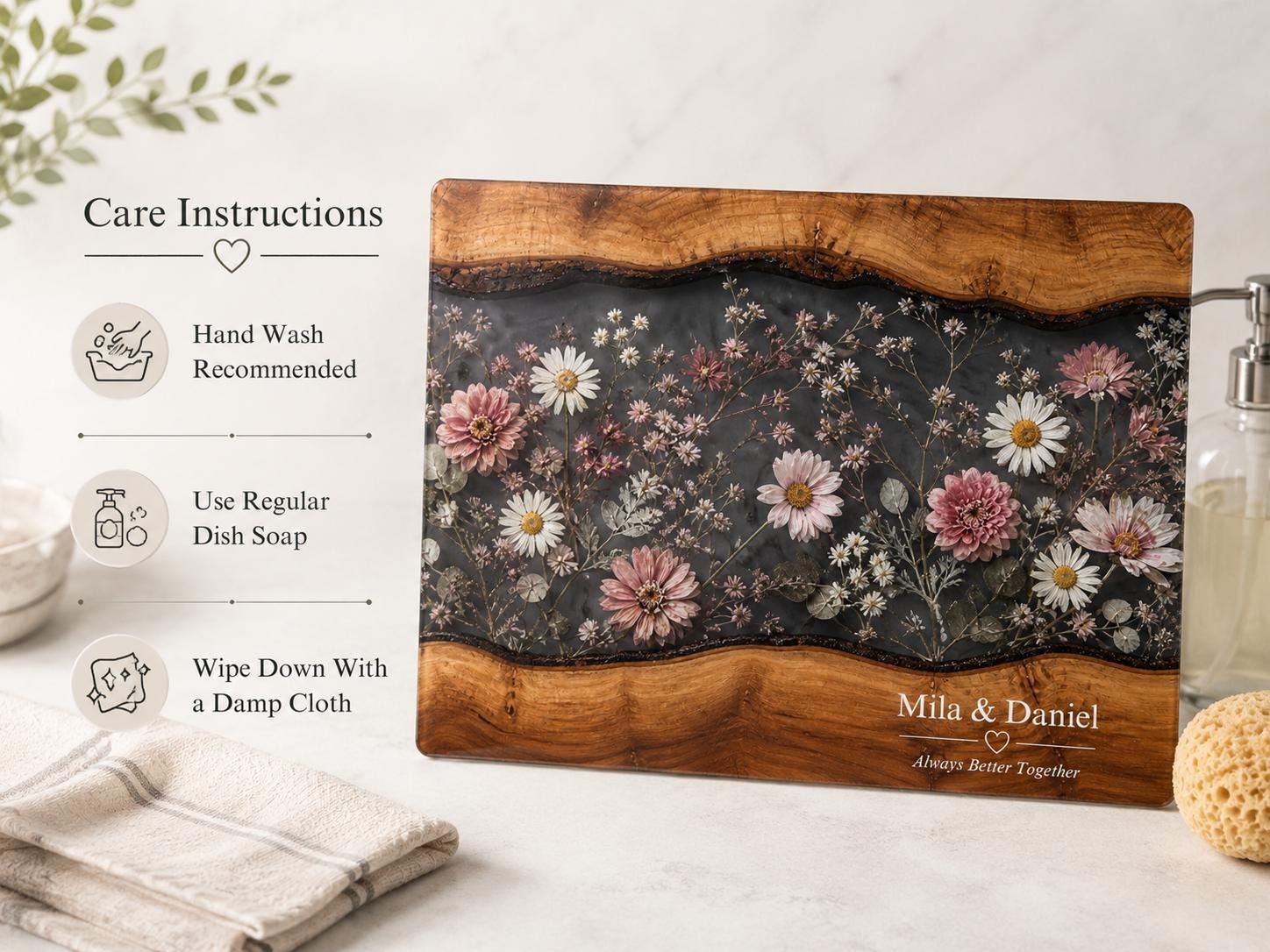 Personalized Floral Cutting Board, Dark Wildflower Glass Board, Custom Couple Kitchen Gift