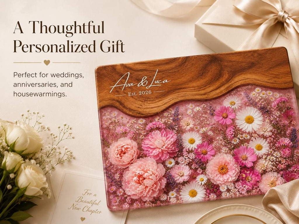 Personalized Floral Cutting Board, Pink Wildflower Glass Board, Custom Kitchen Gift