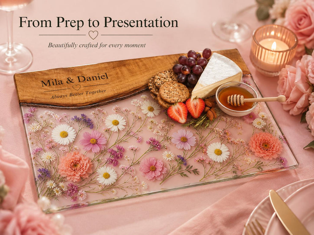 Personalized Floral Charcuterie Board, Pink Glass Serving Board, Custom Couple Cheese Board Gift