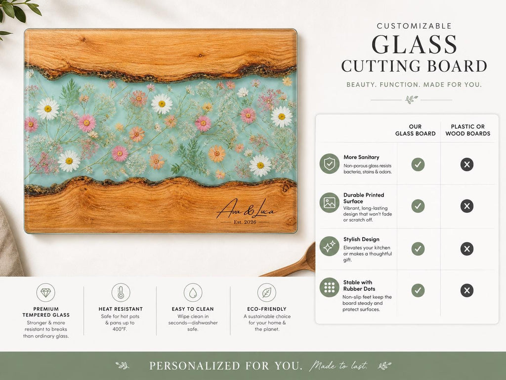 Personalized Glass Cutting Board: Blue Resin Look with Gold Accents