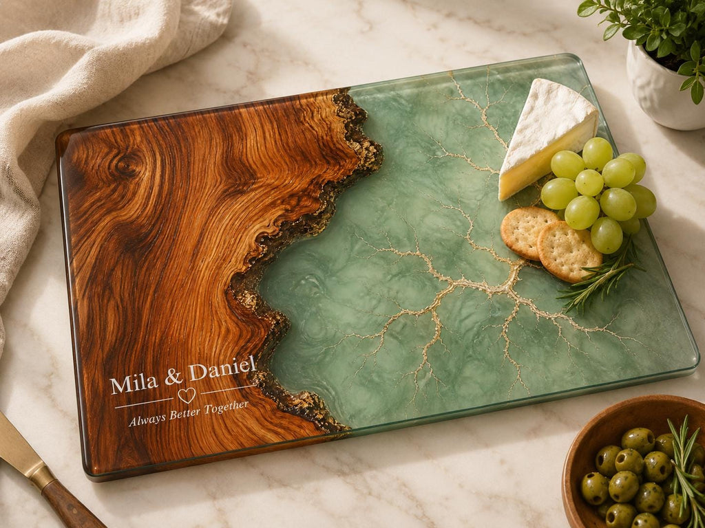 Personalized Charcuterie Board, Green Marble Glass Cutting Board, Custom Couple Gift