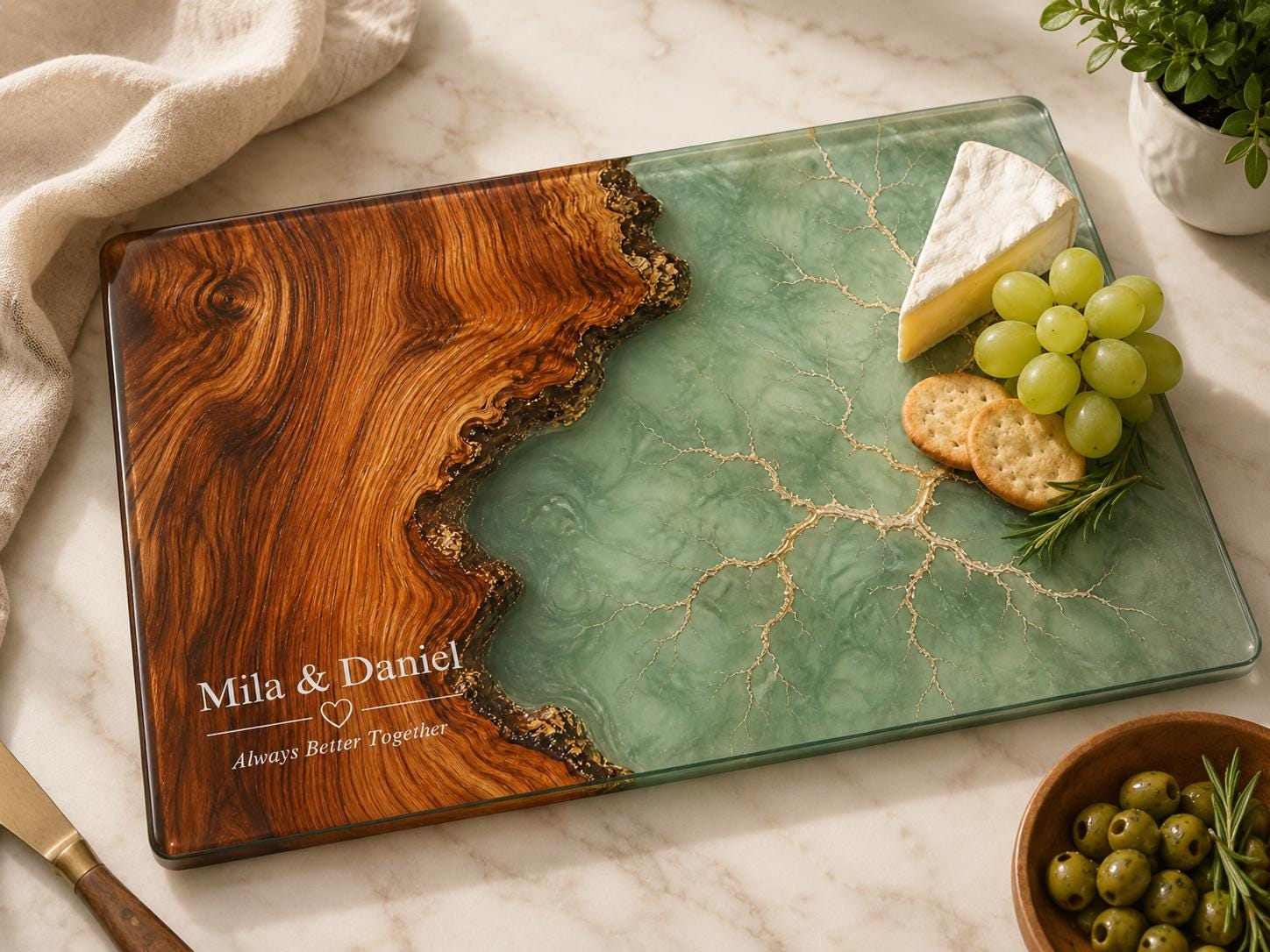 Personalized Charcuterie Board, Green Marble Glass Cutting Board, Custom Couple Gift