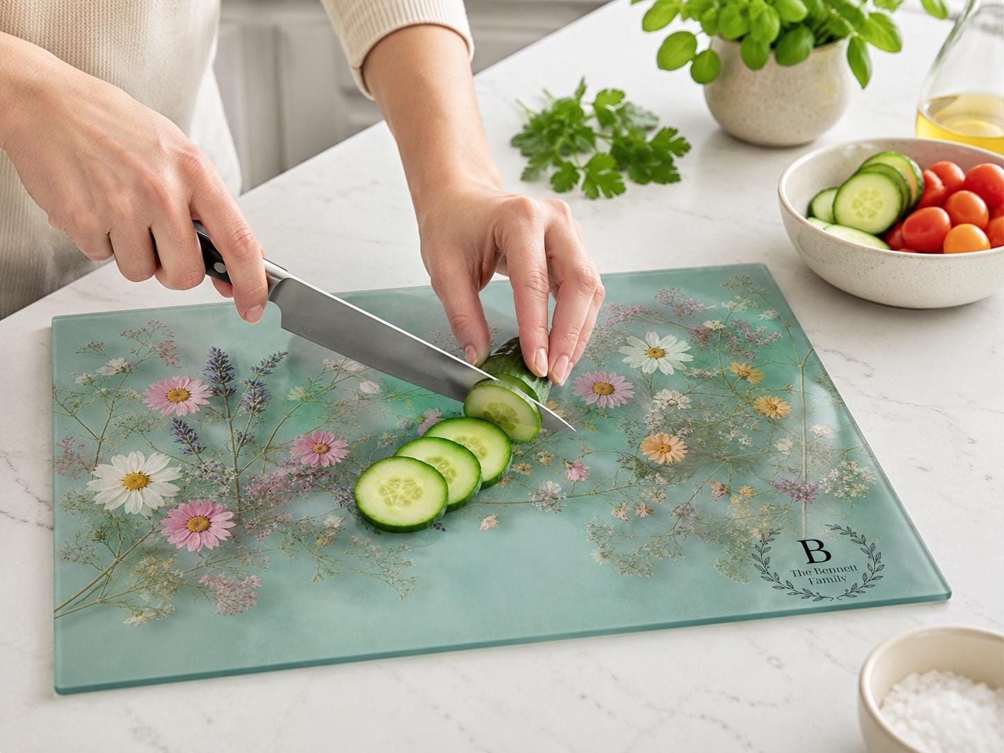 Personalized Glass Cutting Board: Blue Resin Look with Gold Accents