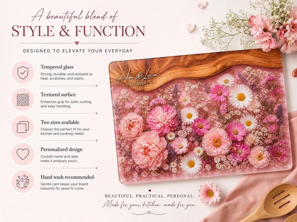 Personalized Floral Cutting Board, Pink Wildflower Glass Board, Custom Kitchen Gift