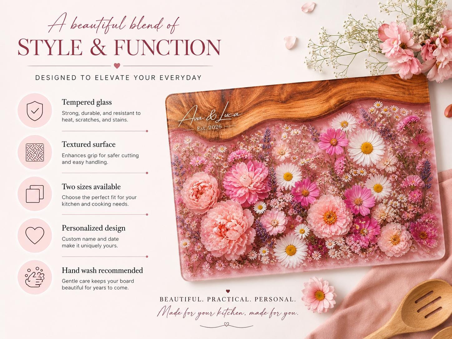 Personalized Floral Cutting Board, Pink Wildflower Glass Board, Custom Kitchen Gift