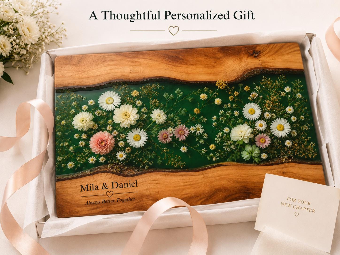 Personalized Floral Cutting Board, Green Daisy Glass Board, Custom Couple Kitchen Gift