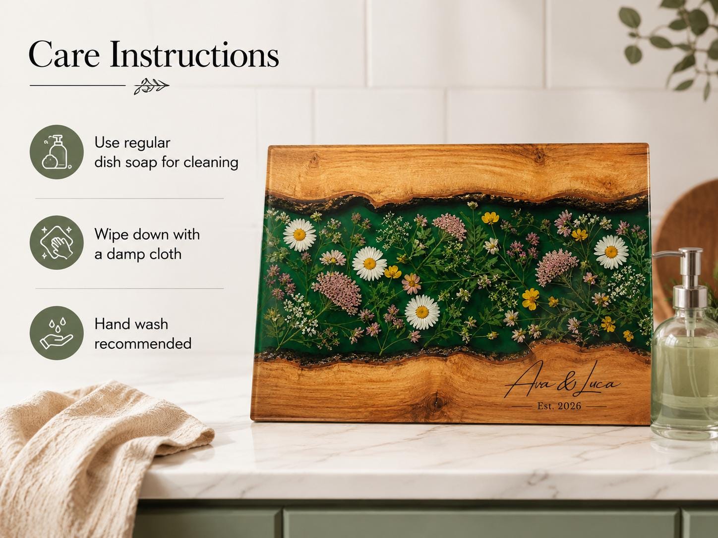 Custom Glass Cutting Board: Blue Resin Style - Personalized Names Included