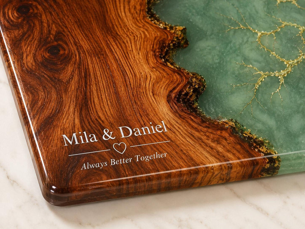 Personalized Charcuterie Board, Green Marble Glass Cutting Board, Custom Couple Gift