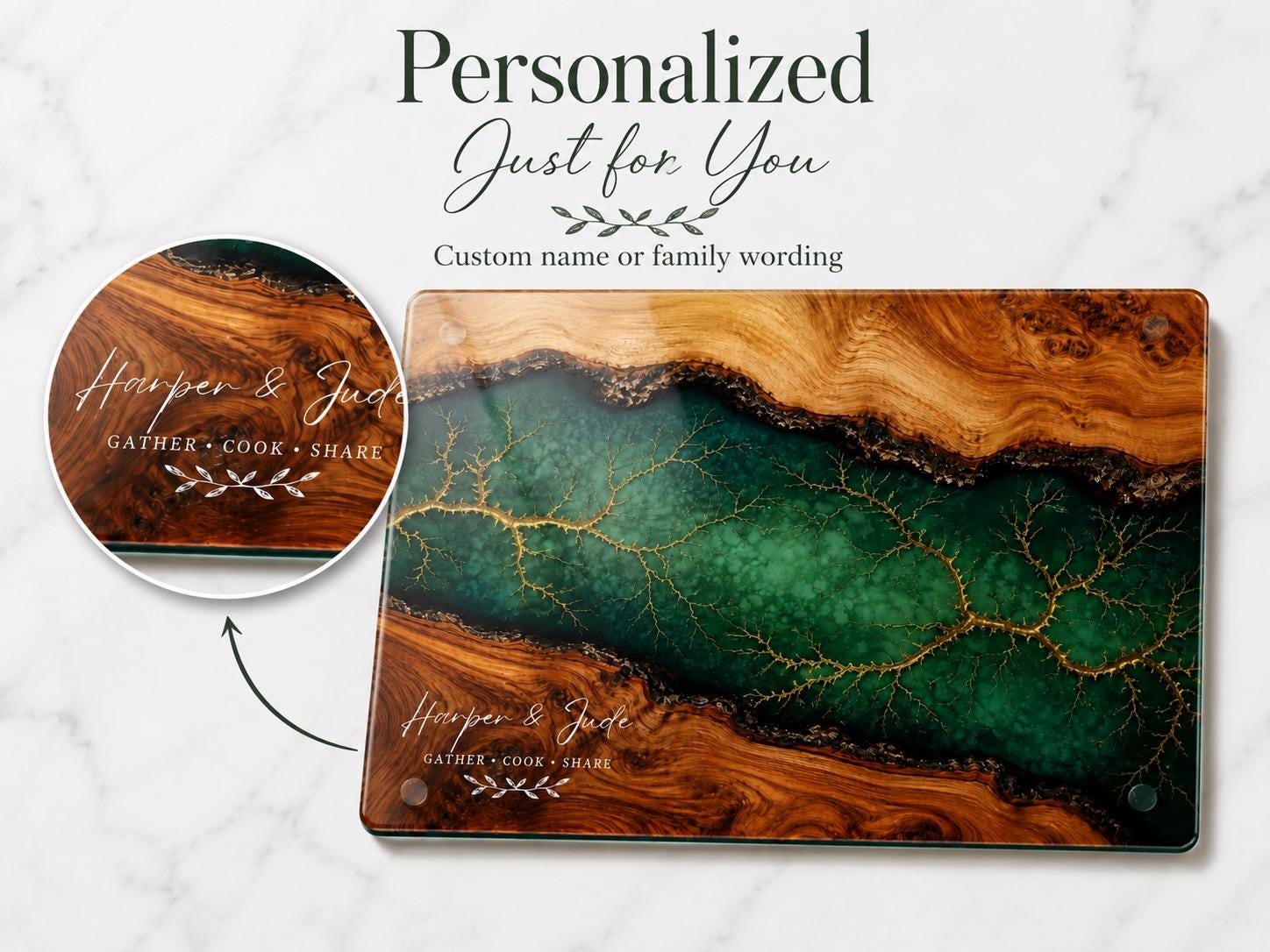 Custom Cutting Board: Blue Resin Style with Gold Accents - Personalized Gift