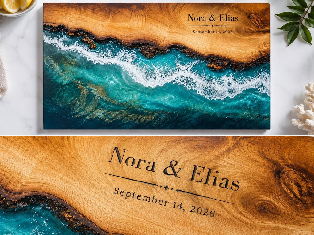 Personalized Beach Cutting Board, Ocean Wave Glass Board, Custom Couple Kitchen Gift