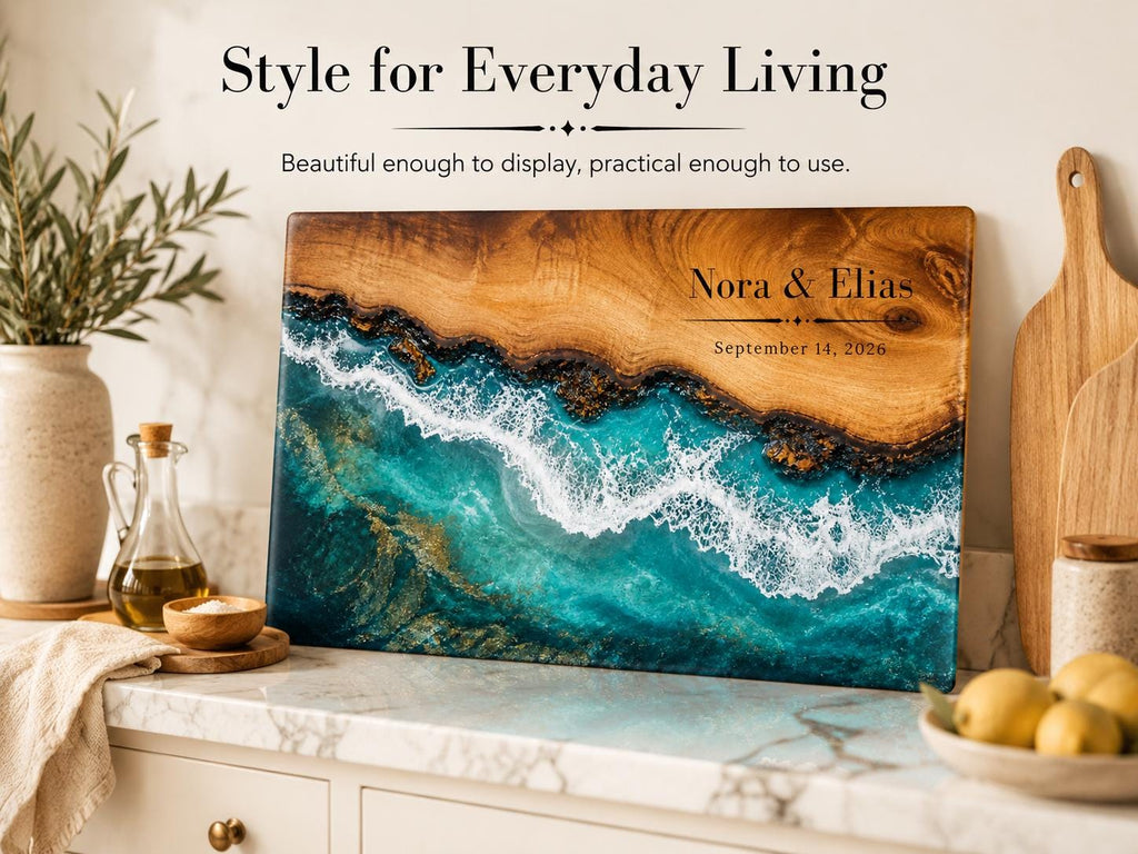 Personalized Beach Cutting Board, Ocean Wave Glass Board, Custom Couple Kitchen Gift