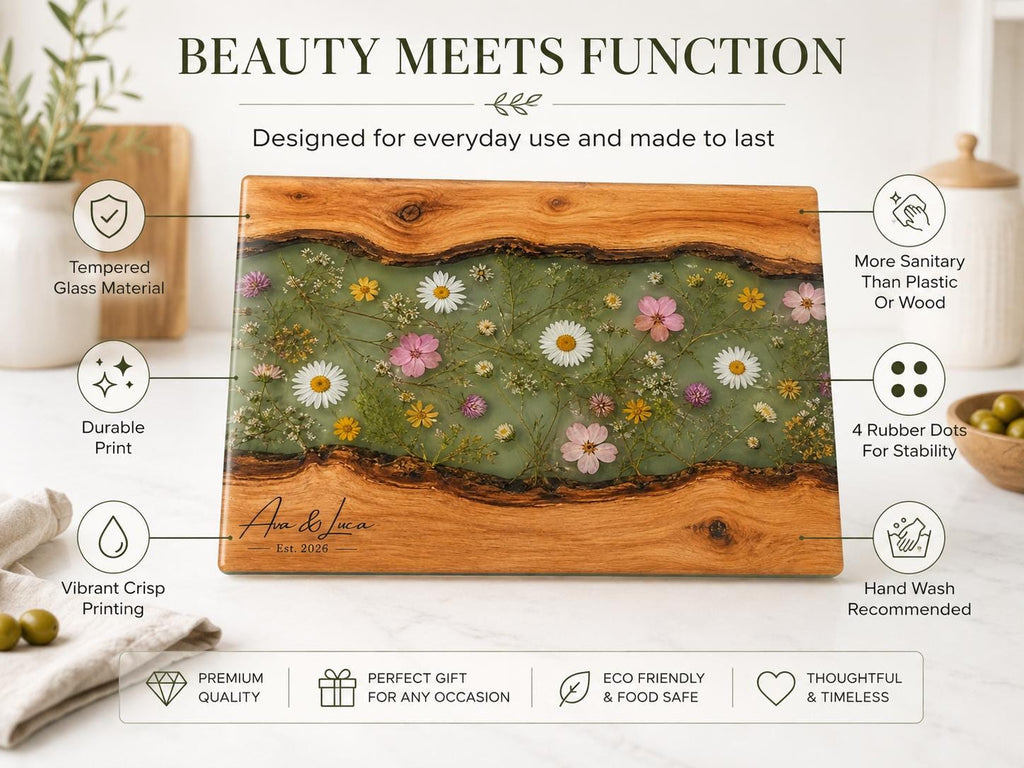 Custom Glass Cutting Board - Blue Resin Style with Gold Details