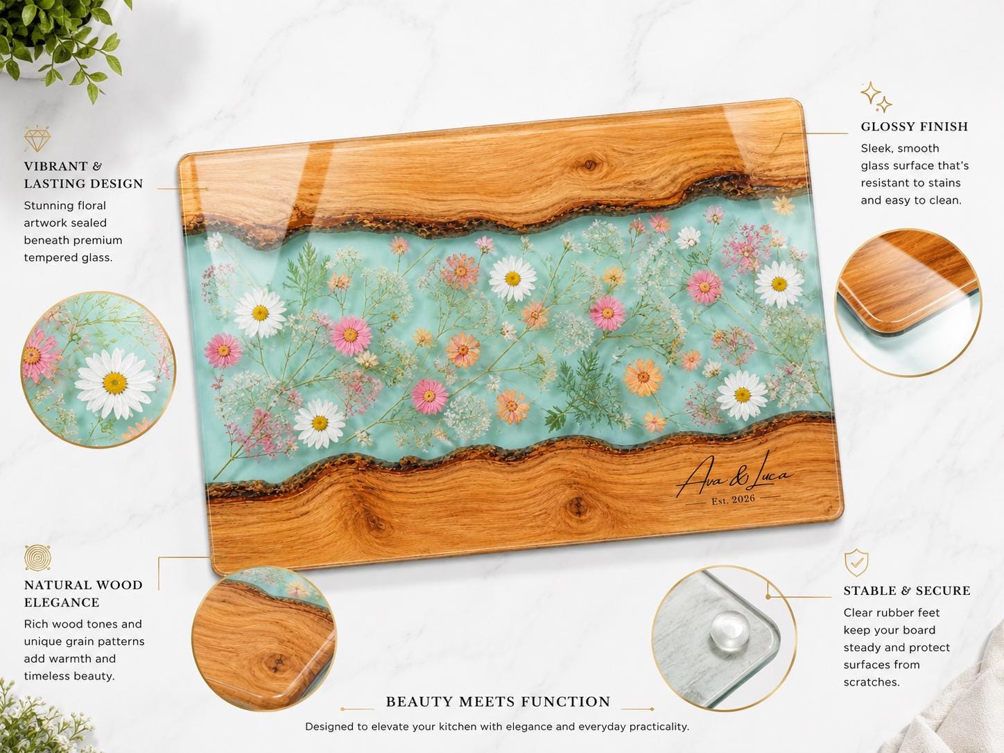 Personalized Glass Cutting Board: Blue Resin Look with Gold Accents