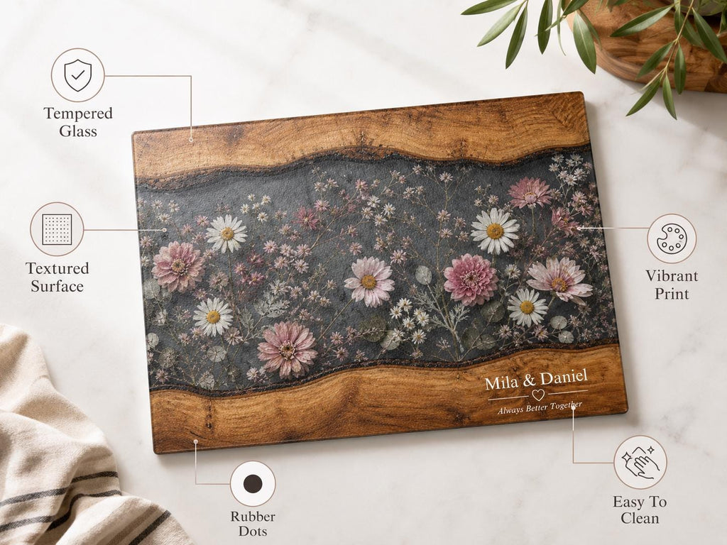 Personalized Floral Cutting Board, Dark Wildflower Glass Board, Custom Couple Kitchen Gift