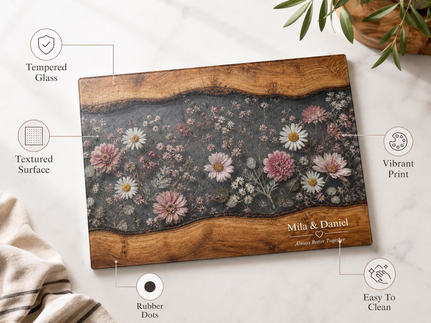 Personalized Floral Cutting Board, Dark Wildflower Glass Board, Custom Couple Kitchen Gift