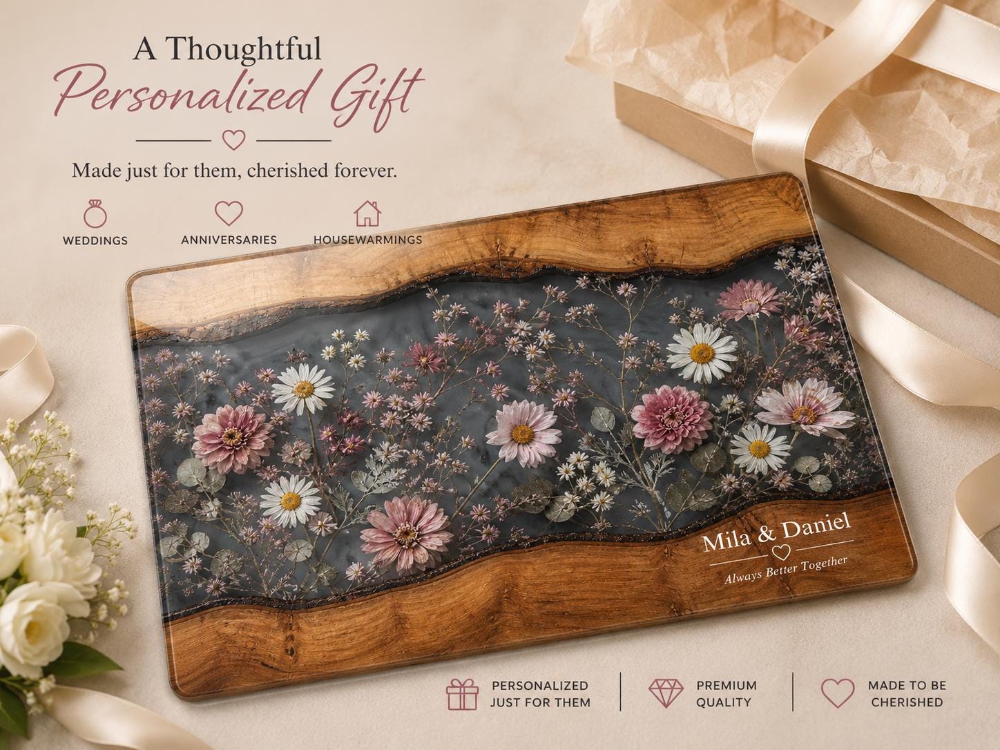 Personalized Floral Cutting Board, Dark Wildflower Glass Board, Custom Couple Kitchen Gift
